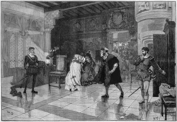 Representação teatral: "Hernani" de Victor Hugo (1802-1885), acto I cena 3. Paris, Comedie Francaise