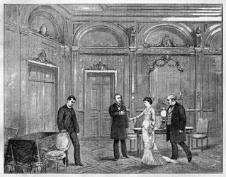 Representação teatral: "Jean Beaudry" de Auguste Vacquerie (1819-1895). 4º ato. Paris, Teatro Francais (Comedie Francaise). Gravura de 1880 em "La republique illustree" coleção particular.