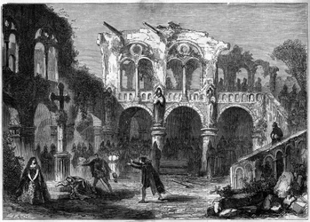 Representação teatral: "Os Funerailles de Honra" (Acto VII, última cena) de Auguste Vacquerie (1819-1895). Paris, Teatro de la Porte Saint Martin