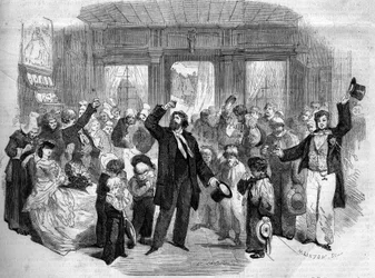 Representação teatral de "La Penelope Normande" (Acto I) de Alphonse Karr (1808-1890). Entre os comediantes estavam Mme Alexis, Mme Doche, Lafontaine (Henry Lafontaine