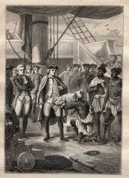 Terceira viagem de James Cook - Deram-lhe um porquinho - apresentaram-lhe um porquinho - Terceira viagem de James Cook no Oceano Pacífico - ilustração tirada de "Os Grandes Marinheiros do Século XVIII" por Jules Verne