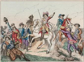 Guerra dos Trinta Anos (1618-1648): Príncipe Luís II de Bourbon Conde (Bourbon-Conde), conhecido como o Grande Conde (1621-1686), Duque de Enghien, saudando o cadáver do Conde de Fontaine na Batalha de Rocroi (Rocroy) contra os espanhóis, 19 de maio