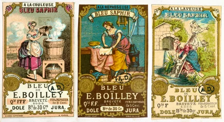 Três rótulos para a marca de sabão em pó Bleu de E. Boilley, 1878