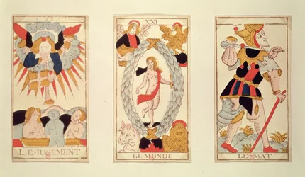 Três cartas de tarô representando o julgamento, o mundo e o tolo (gravura em madeira colorida)