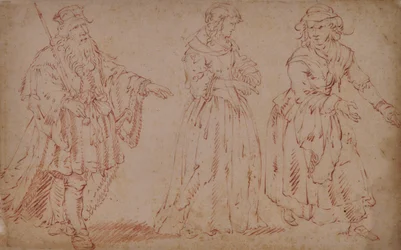 Três figuras teatrais: Rei Lear, Cordelia e Camareira