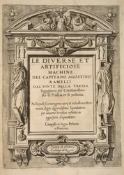 Página de rosto, de The Diverse Et Artificiose Machine, do Capitão Agostino Ramelli, pub. gravura de 1588