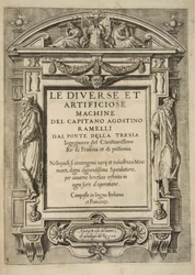 Página de rosto, da Le Diverse Et Artificiose Machine do Capitão Agostino Ramelli, pub. 1588 (gravura)