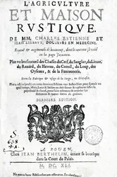 Página de rosto da Agriculture and Rustic House, de Charles Estienne, edição publicada em 1641 (impressão tipográfica e gravura)