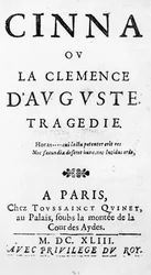 Página de título de Cinna ou o Clemence de Augustus por Pierre Corneille (1606-84) publicado em 1643