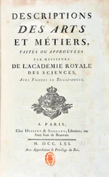 Página de título de "Descrições de Artes e Metiers feitas ou aprovadas por cavalheiros da Academia Real das Ciências". 1761
