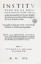 Página de rosto dos Institutos da Religião Cristã por João Calvino, primeira edição em francês, 1541