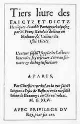 Página de título de "Le Tiers livre des Faicts et Dicts Heroique du Bon Pantagruel" de François Rabelais (gravura)