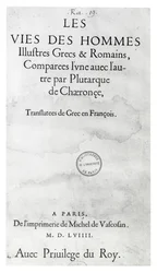 Página de rosto de A Vida dos Nobres Gregos e Romanos, de Plutarco, impresso por Michel de Vascosan