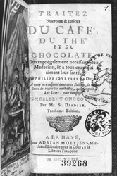Página de título do novo e curioso deleite de café, o e chocolate por Philippe Sylvestre Dufour, The Hague, publicado em 1693