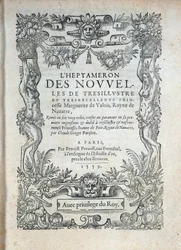 Página de título de "O Heptameron": contos ou notícias de Margarita de Navarra (Marguerite de Valois, Marguerite de Angouleme ou Marguerite de França (1492-1549) Rainha de Navarra e poetisa
