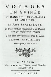 Titlepage for Travels in Guinea and the Caribbean Islands in America por Paul Erdman Isert, publicado em 1743
