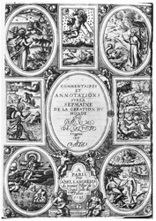Titlepage de comentários e anotações sobre a semana da criação do mundo por Guillaume Salluste du Bartas (1544-90) 1583