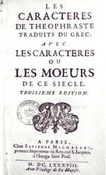 Titlepage of Os personagens de Theophrastus traduzido do grego, com os caracteres ou as maneiras deste século de La Bruyere (1645-96) 1688