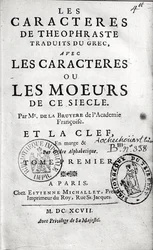 Titlepage of Theophrastuss Os caracteres ou costumes traduzidos por Jean de la Bruyere (1645-96) 1697