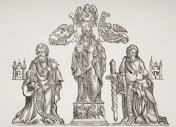 Túmulo Decoração representando Nicholas Flamel (c.1330-c.1418) e sua esposa Pernelle, após decorações no Cemitério dos Inocentes, Paris, de Le Moyen Age et La Renaissance por Paul Lacroix (1806-84)