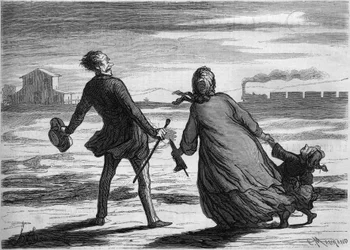 Tarde demais! : uma família acabou de perder o seu comboio. Cartoon de Honore Daumier (1808-1879). Gravura em "Le Monde Illustré" n°286 de 4 de outubro