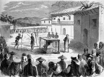 Tortura sofrida pelo Padre Auguste Chapdelaine (1814-1856); sacerdote católico e missionário na China, província de Quang si (Quang-si)