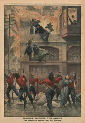 Fogo trágico em uma oficina em Newark, Nova Jersey, ilustração de &39;Le Petit Journal&39;, suplemento illustre, 11 de dezembro de 1910 (cor litho)