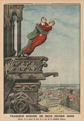 Trágico suicídio de dois jovens da torre da catedral de Antuérpia, ilustração da contracapa de «Le Petit Journal, supplément illustré», 11 de maio de 1913