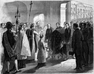 Transferência das cinzas de José Bonaparte (1768-1844), rei de Nápoles e depois de Espanha e irmão de Napoleão I, para a igreja dos Inválidos, Paris.