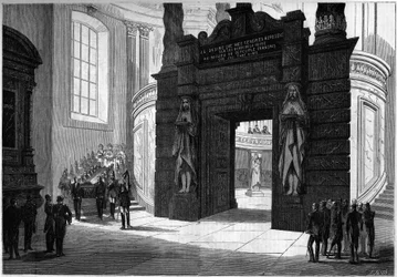 Transferência das cinzas de Napoleão I (1769-1821) da capela de São Jerônimo para o túmulo construído sob a cúpula dos Inválidos. Paris, 2 de Abril de 1861. Gravura no "Le Monde Illustré" n°209 de 13 de Abril de 1861.