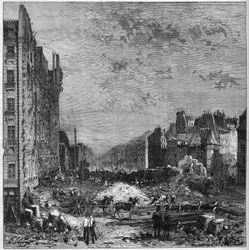 Transformação de Paris sob o Segundo Império: Obras das avenidas Haussmann. Abertura do novo troço entre a rue Hautefeuille e a rue de l