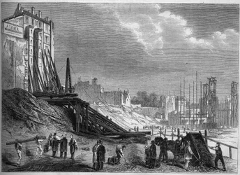 Transformações de Paris sob o Segundo Império, Paris Haussmannian: vista das demolições no local da Praça Montholon, rue Lafayette. Gravura em "Le Monde Illustre" n°335 de 12 de setembro de 1863.