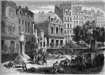 Transformações de Paris sob o Segundo Império, Haussmann Paris: demolição dos teatros do Templo para o piercing do Boulevard du Prince Eugene (hoje, boulevard Voltaire). Gravura no "Le Monde Illustré" n°278 de 9 de Agosto