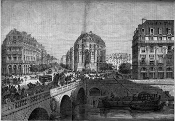 Transformações de Paris sob o Segundo Império, Haussmann Paris: vista da fonte Saint Michel (1860), na Boulevard de Sebastopol. Gravura no "Le Monde Illustré" n°175 de 18 de Agosto de 1860.