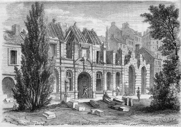 Transformações de Paris sob o Segundo Império, Paris Haussmann: demolição da Orangerie du Luxembourg para estender a rue Soufflot. Gravura no "Le Monde Illustré" n°276 de 26 de Julho de 1862.