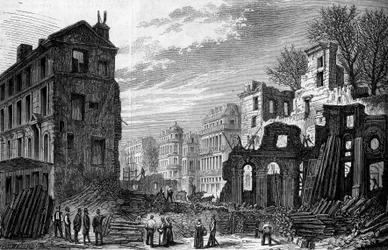 Transformações de Paris sob o Segundo Império, Paris Haussmann: perfurando a avenida Saint Germain, vista da rue saint dominique. Gravura a partir de 1870.