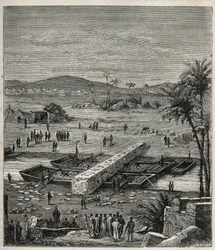 Transporte do obelisco de Ptolemee Philadelphos (Ptolemaios Philadelphos) (Ptolemae II) no Nilo para Alexandria - Gravura em "Ciências disponíveis para todos - Física e química popular" por Alexis Clerc - Fim do século XIX - Colecção privada