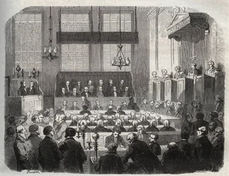 Julgamento de William Palmer, no Tribunal Penal Central, Maio de 1856, por envenenamento de John Parsons Cook, em Rugeley (gravura) - William Palmer perante o Tribunal Penal Central em Londres em 1856 - Gravura em "Causes celebres de tous peuples" de Arman