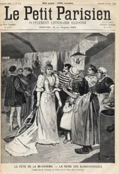 Experimente o banheiro na oficina na véspera do Mi Careme Fete (Mi-Careme): a rainha dos branqueadores. Um dos jornais " Le Petit Parisien" em 03/12/1893 (gravura)