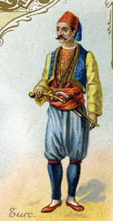 Turco . Edição da litografia parisiense, final do século XIX. Série de 25 cromos publicitários para a fabricação Dijon de Biscoitos Pernot, criada em 1869. Detalhe dos personagens em traje tradicional.