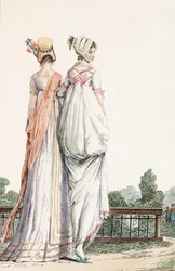 Duas senhoras em vestidos de passeio, 1796 99: feminina; traje tradicional; vestido tradicional; moda; c18th; andando; de volta; vestidos brancos; gorro; capotas; chapéus; parque; jardim;
