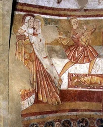 Dois espectadores do sexo feminino, detalhe de uma pintura de parede retratando a crucificação de São Pedro (ver também 110618)