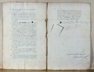 Duas páginas dos estatutos da Academia Francesa, 1635 (tinta no papel) (ver também 179947)