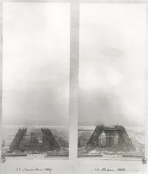 Duas vistas da construção da Torre Eiffel, Paris, 12 de dezembro de 1887 e 15 de março de 1888