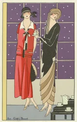 Duas mulheres tomando chá e vestidas com designs de Jean Patou e Beer, do pub Art-Goût-Beauté. 1924