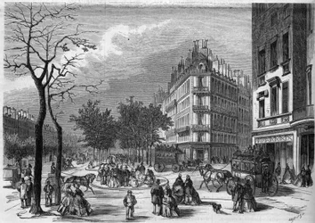 Um dos primeiros "refúgios" para peões que atravessam as avenidas de Paris, estabelecido entre a avenida dos Capucines e a avenida de la Madeleine.
