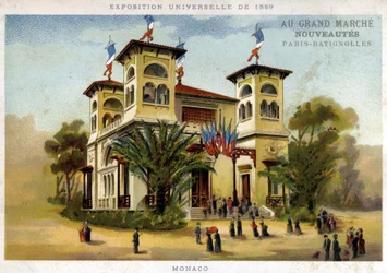 Exposição Universal de 1889. O Pavilhão do Mónaco. Cromolitografia do final do século XIX.