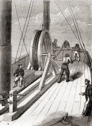 Desenrolar o cabo submarino Dover to Calais a bordo do Blazer, 25 de Dezembro de 1851, de Les Merveilles de la Science, publicado c.1870 (gravura)