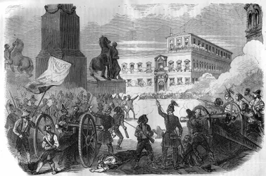Revolta em Bolonha: derrubamento do governo pontifício sob o Papa Gregoire XVI de 1831 a 1846. Gravação no "Histoire des Papes-Rois-Queen and Empereurs a travessa les centuries" de Maurice Lachatre