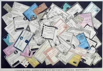 Valor das moedas atribuídas e outras moedas de papel durante a Revolução Francesa. Século XVIII. Musee Carnavalet, Paris - O valor dos cessionários e de outras moedas de papel durante a Revolução Inglesa. Gravura